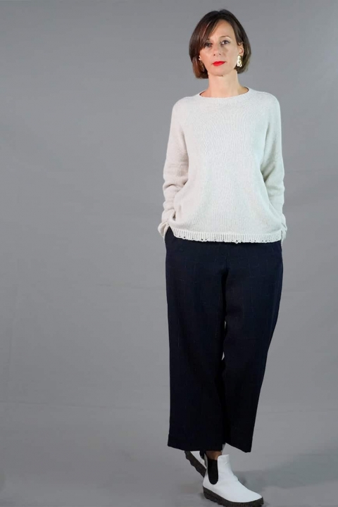 Isabella Clementini – Pantalone con elastico in pura lana vergine  blu con quadri  bianco