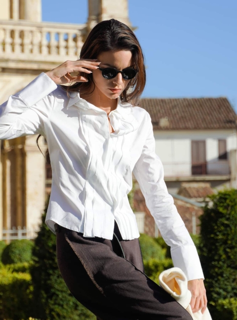 MALLONI – Camicia con pieghe verticali in cotone elasticizzato colore bianco