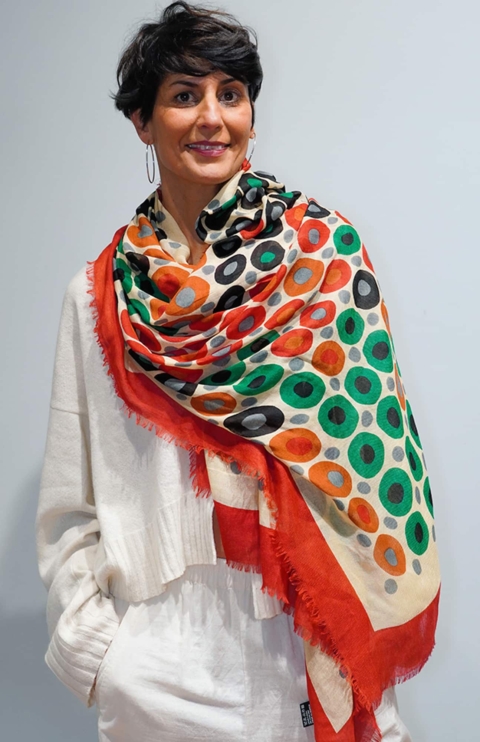 SGOMBERO CANTINE – Sciarpa in cotone e lana, fantasia a bolli multicolor e cornice in rosso