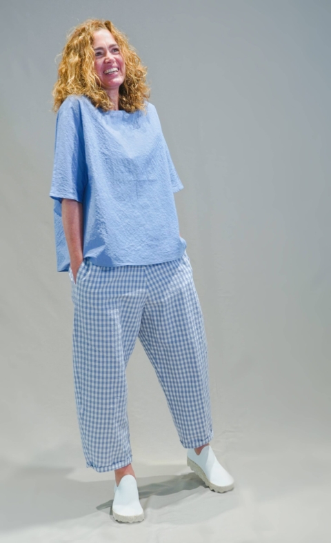 APUNTOB – Pantalone due tasche elastico vita tessuto quadretti bianco e zucchero