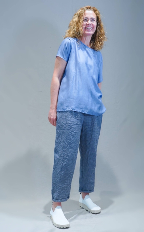 APUNTOB – Pantalone 4 tasche in puro lino quadretto vichy colore zucchero / ferro