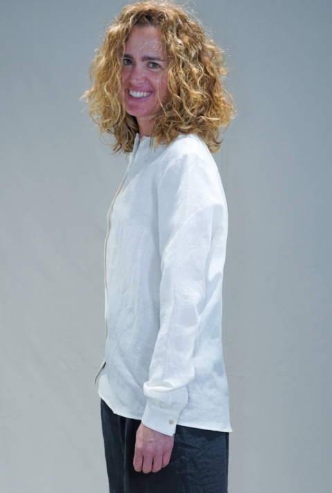 APUNTOB – Camicia senza collo in tessuto garzato trama quadrettino in cotone e lino  colore latte