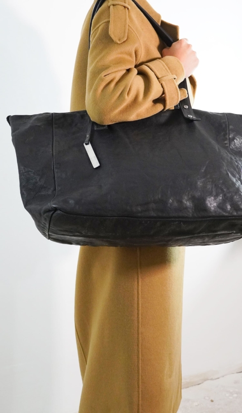 101MEME – DRUSILLA maxi bag o borsa da viaggio in pelle nera con manici interno intrecciato