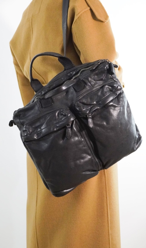 101MEME – ACHILLE zaino/borsa ufficio con due tasconi anteriori ed una tasca posteriore in pelle nera