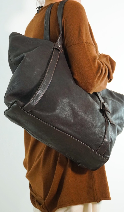 101MEME – CLAUDIA shopping bag a trapezio rovesciato con doppia tracolla in pelle testa moro