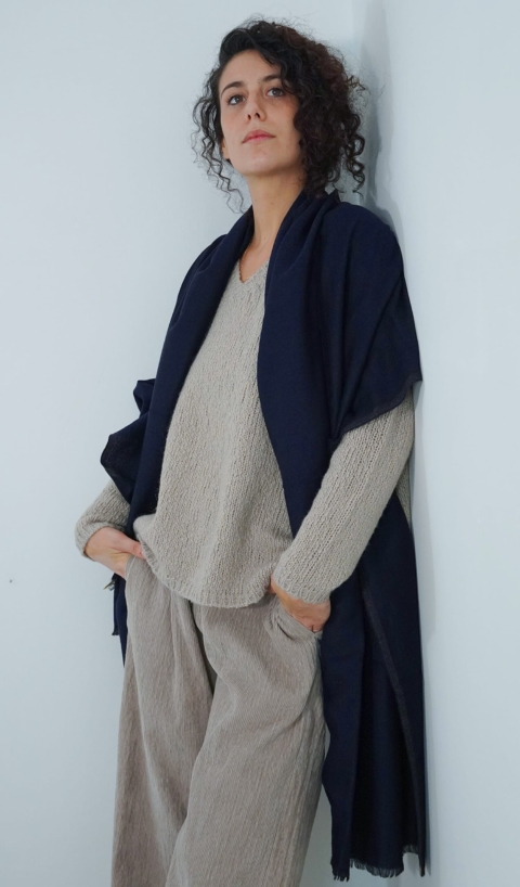 ÉPICE – UNI-1 sciarpa in wool cashmere blu unito con bordo marrone